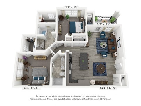 Floor plan for 2 beds, 2 baths, 1226 sqft